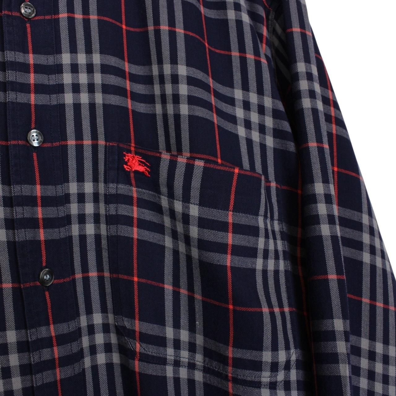 Vintage 90s Burberry Navy Blue Nova Check Long Sleeve Cotton Shirt