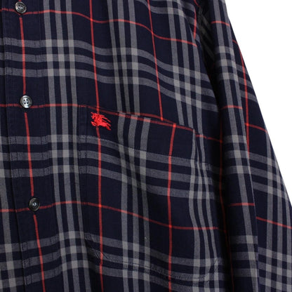 Vintage 90s Burberry Navy Blue Nova Check Long Sleeve Cotton Shirt