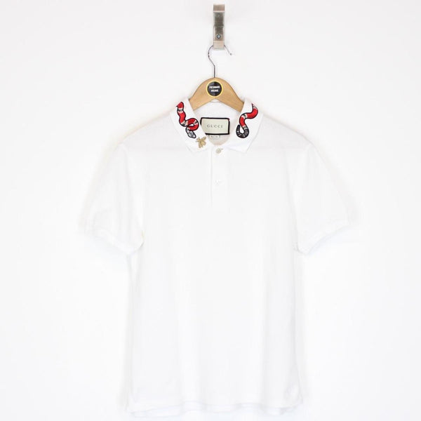 Gucci White Kingsnake Embroidered Short Sleeve Cotton Polo Shirt