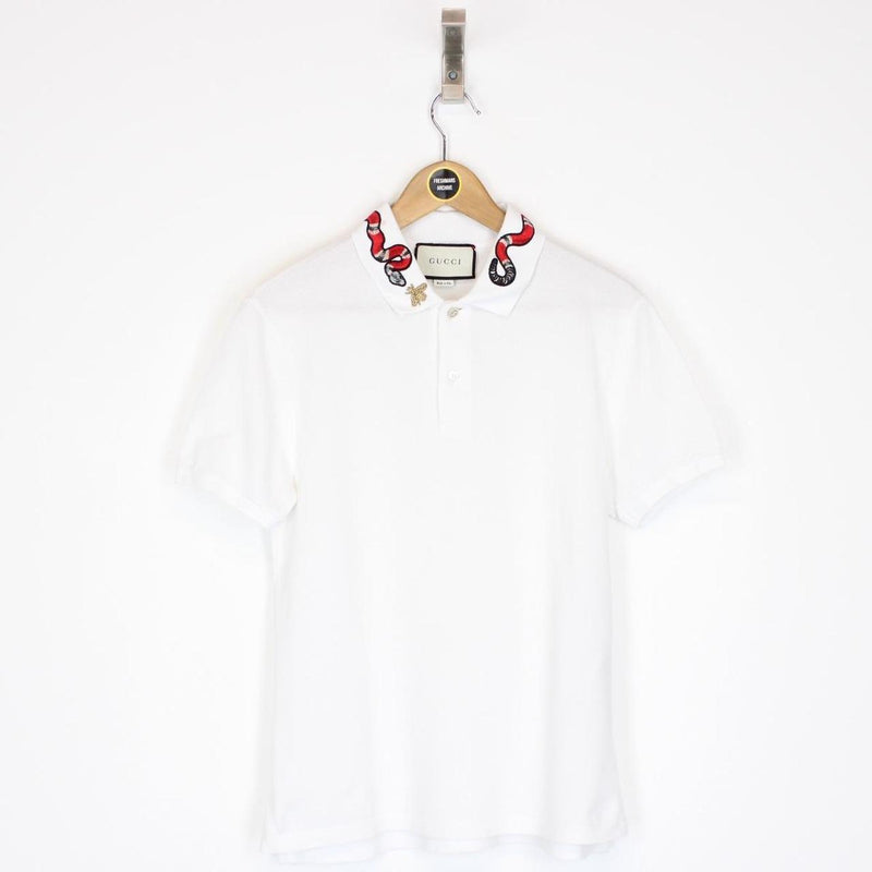 Gucci White Kingsnake Embroidered Short Sleeve Cotton Polo Shirt