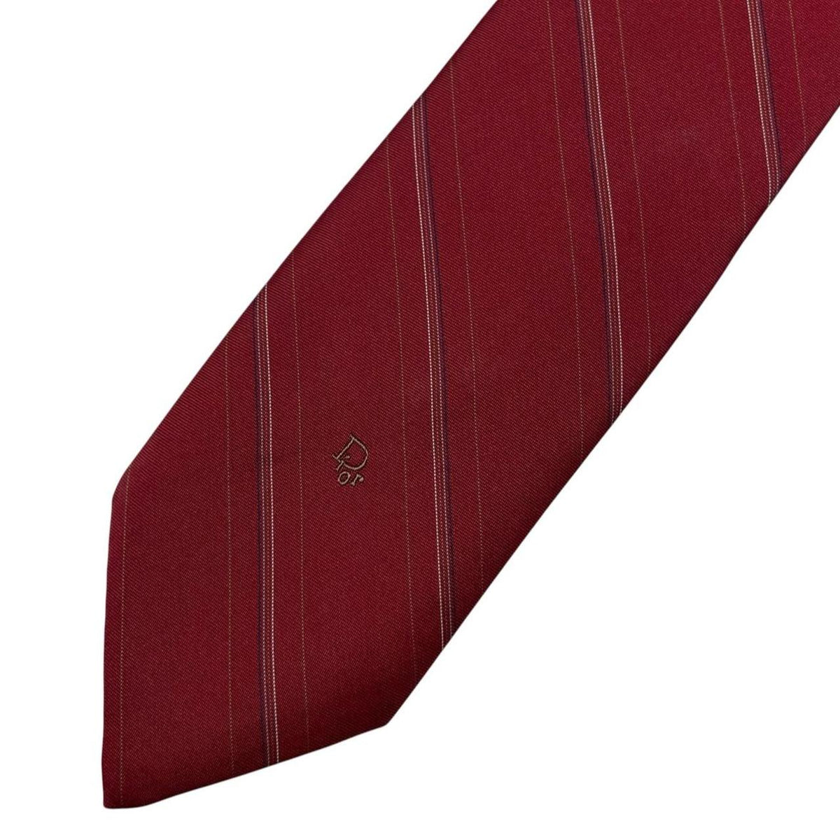 Christian Dior burgundy striped tie with subtle logo detail and vintage design.