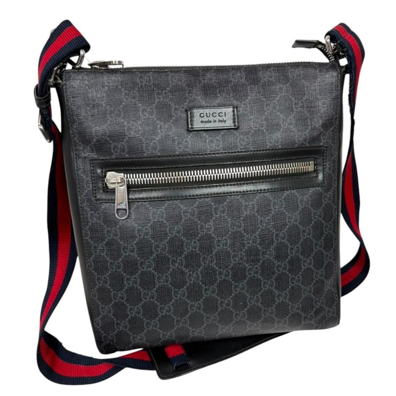 Gucci black duffel bag featuring GG Supreme monogram pattern and adjustable strap.