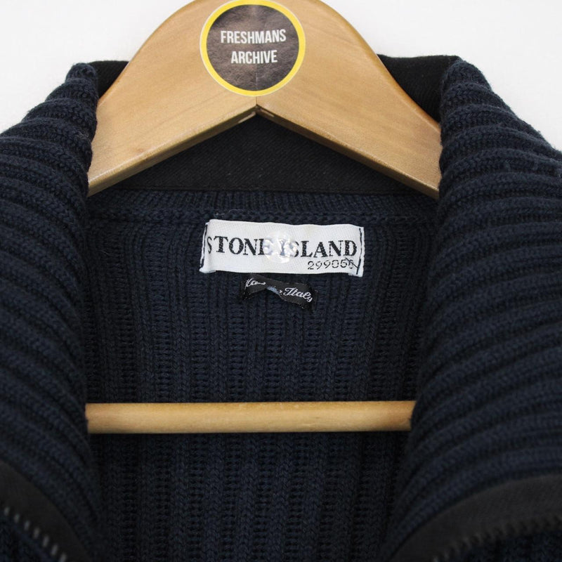 Vintage Stone Island AW 2002 Navy Blue Ribbed Wool Knit 1/4 Zip Jumper