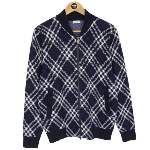 Burberry Navy Blue and White Wool Blend Knit Full Zip Jumper