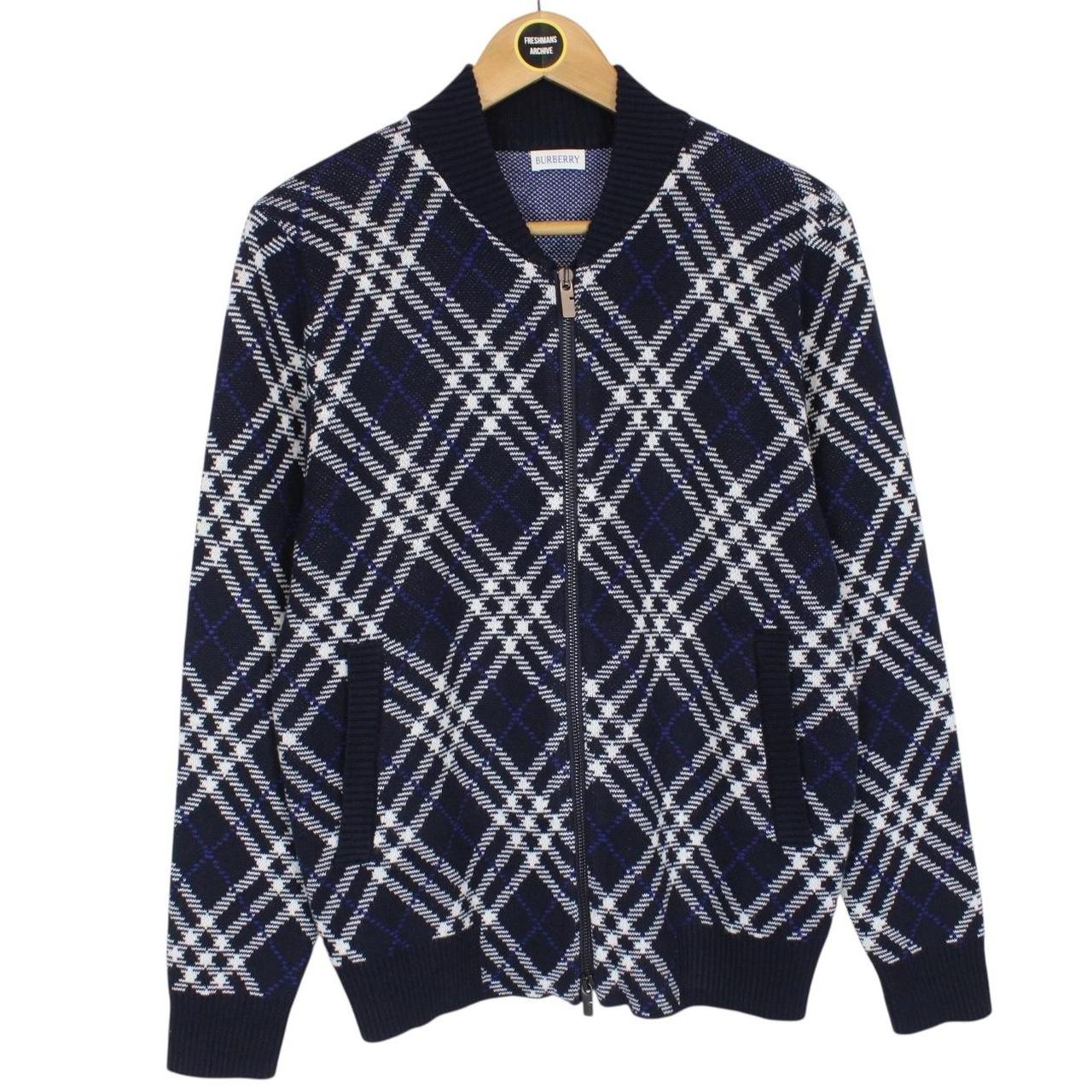 Burberry Navy Blue and White Wool Blend Knit Full Zip Jumper