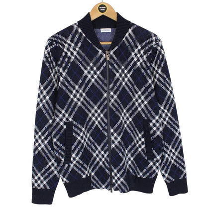 Burberry Navy Blue and White Wool Blend Knit Full Zip Jumper