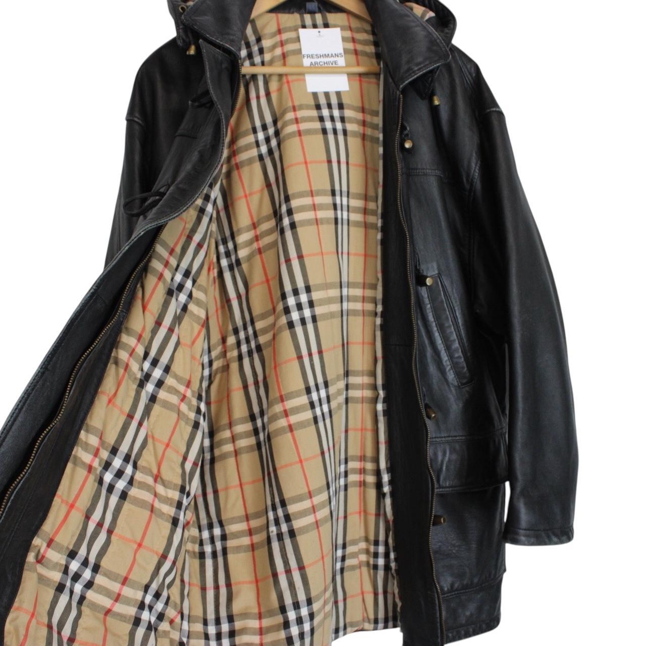 Vintage 90s Burberry Black Nova Check Lined Leather Duffle Coat
