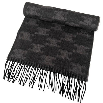 Celine Grey and Black Triomphe Fringed Monogram Cashmere Wool Scarf