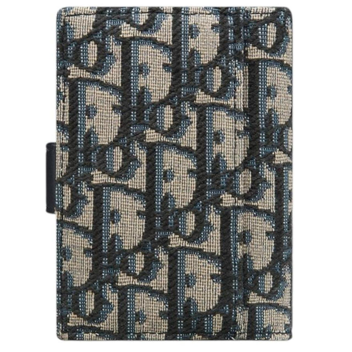Dior blue card holder featuring Oblique jacquard pattern and dandelion design.