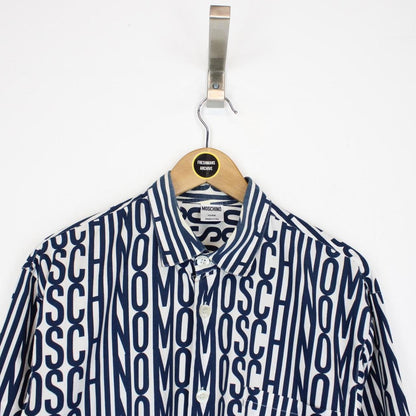 Vintage 90s Moschino Navy Blue and White All Over Logo Long Sleeve Shirt