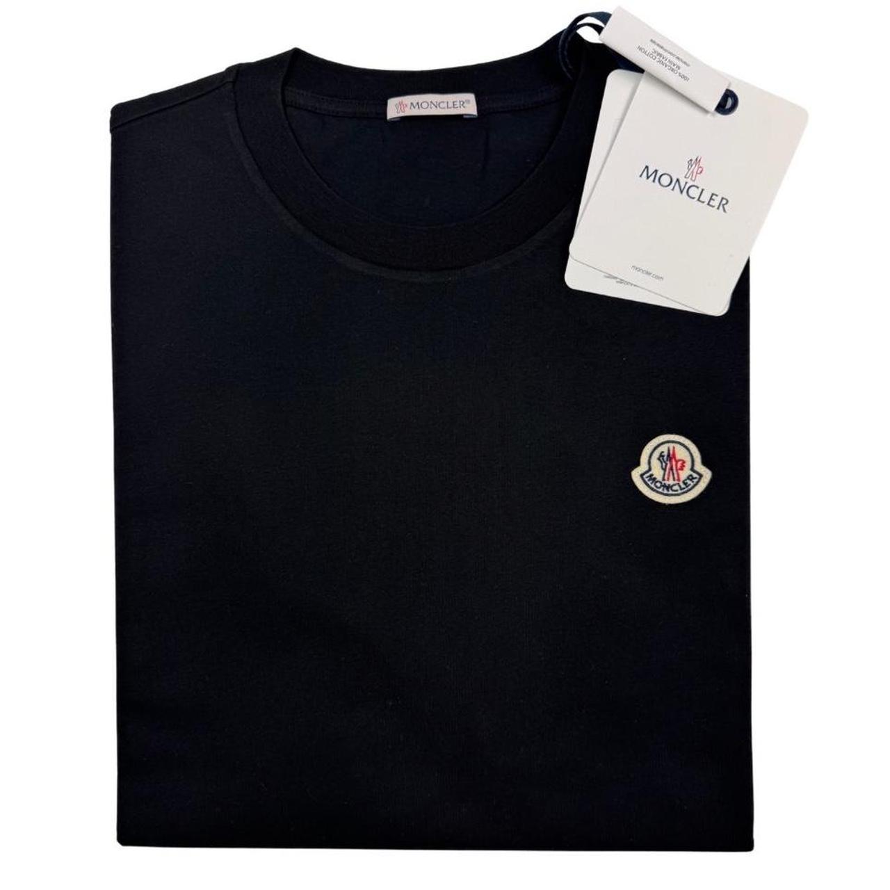 Moncler pocket t-shirts in black, grey, and white with patch logo details.