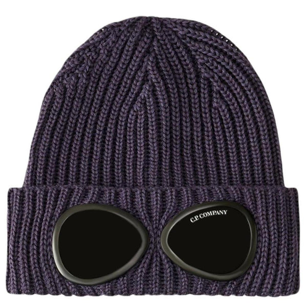 CP Company beanie hat nightshade colour extra fine merino wool with goggle detail.