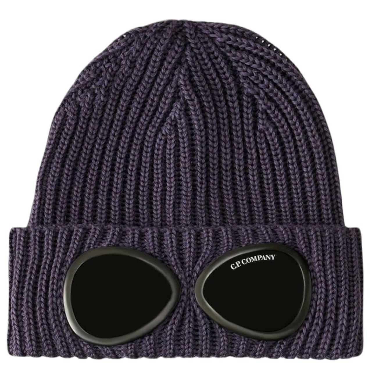 CP Company beanie hat nightshade colour extra fine merino wool with goggle detail.