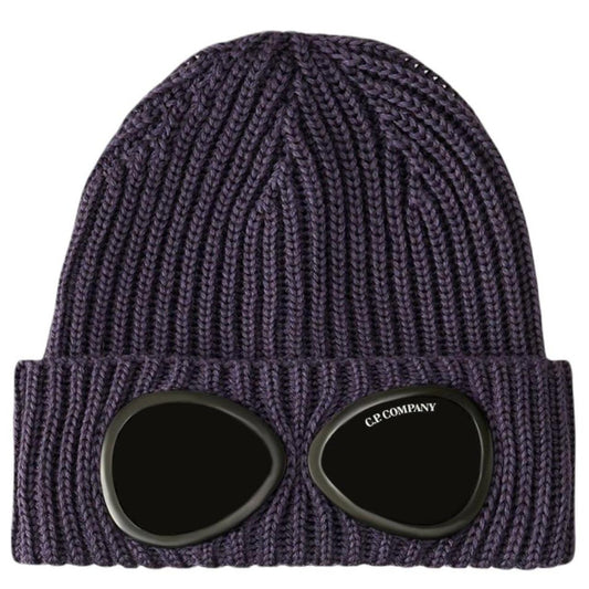 CP Company beanie hat nightshade colour extra fine merino wool with goggle detail.
