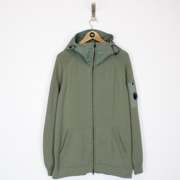 CP Company Green Cotton Knit and Nylon Lens Hoodie Jumper
