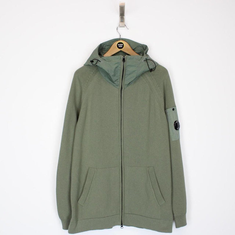 CP Company Green Cotton Knit and Nylon Lens Hoodie Jumper