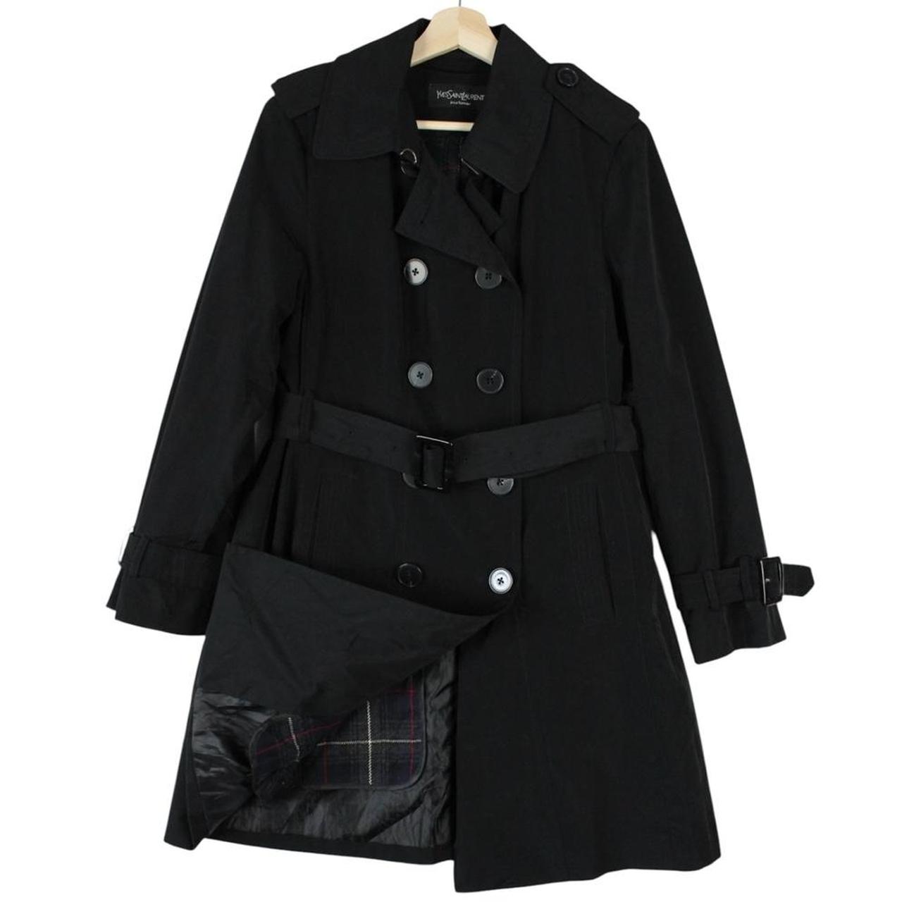 Yves Saint Laurent black double breasted belted trench coat with vintage 90s design.