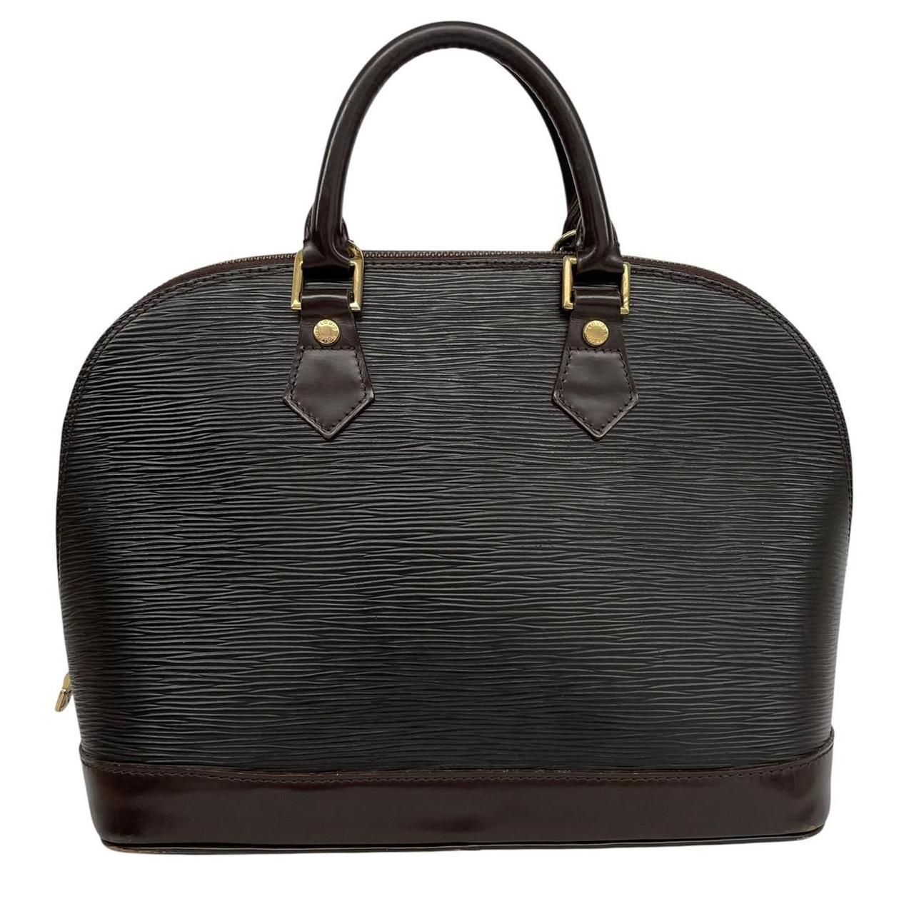 Louis Vuitton black Epi leather duffel bag with iconic logo and structured design.