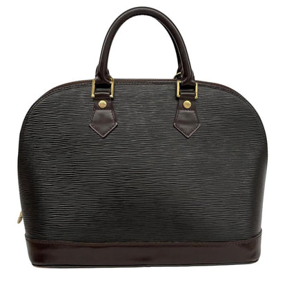 Louis Vuitton black Epi leather duffel bag with iconic logo and structured design.