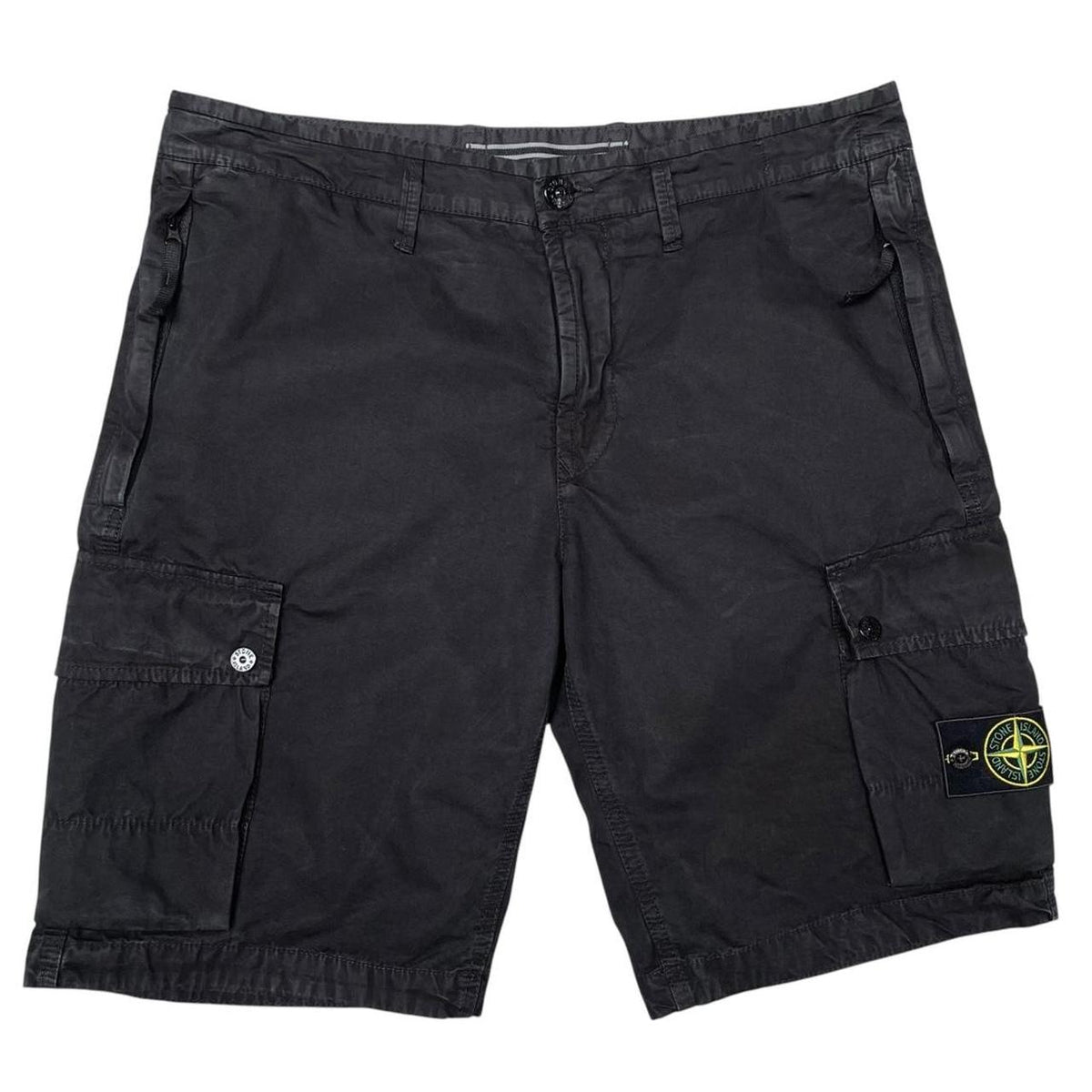 Stone Island black cargo shorts with logo patch and cotton material.