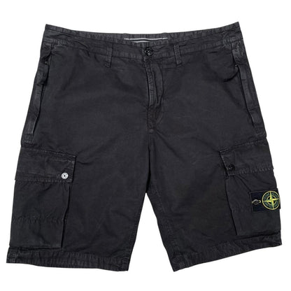 Stone Island black cargo shorts with logo patch and cotton material.