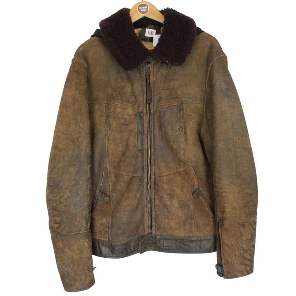 CP Company Brown Full Zip Leather Shearling Goggle Jacket