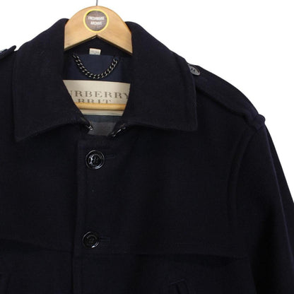 Burberry Brit Navy Blue Button Up Nova Check Lined Wool Jacket
