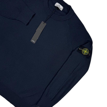 Stone Island navy blue knit jumper with micro stitch detailing and logo patch.