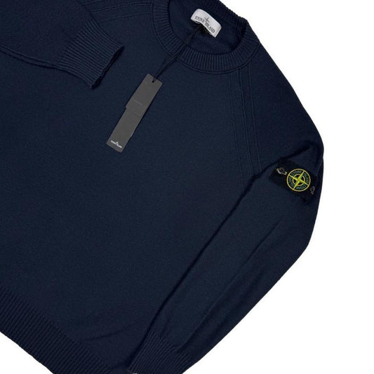 Stone Island navy blue knit jumper with micro stitch detailing and logo patch.
