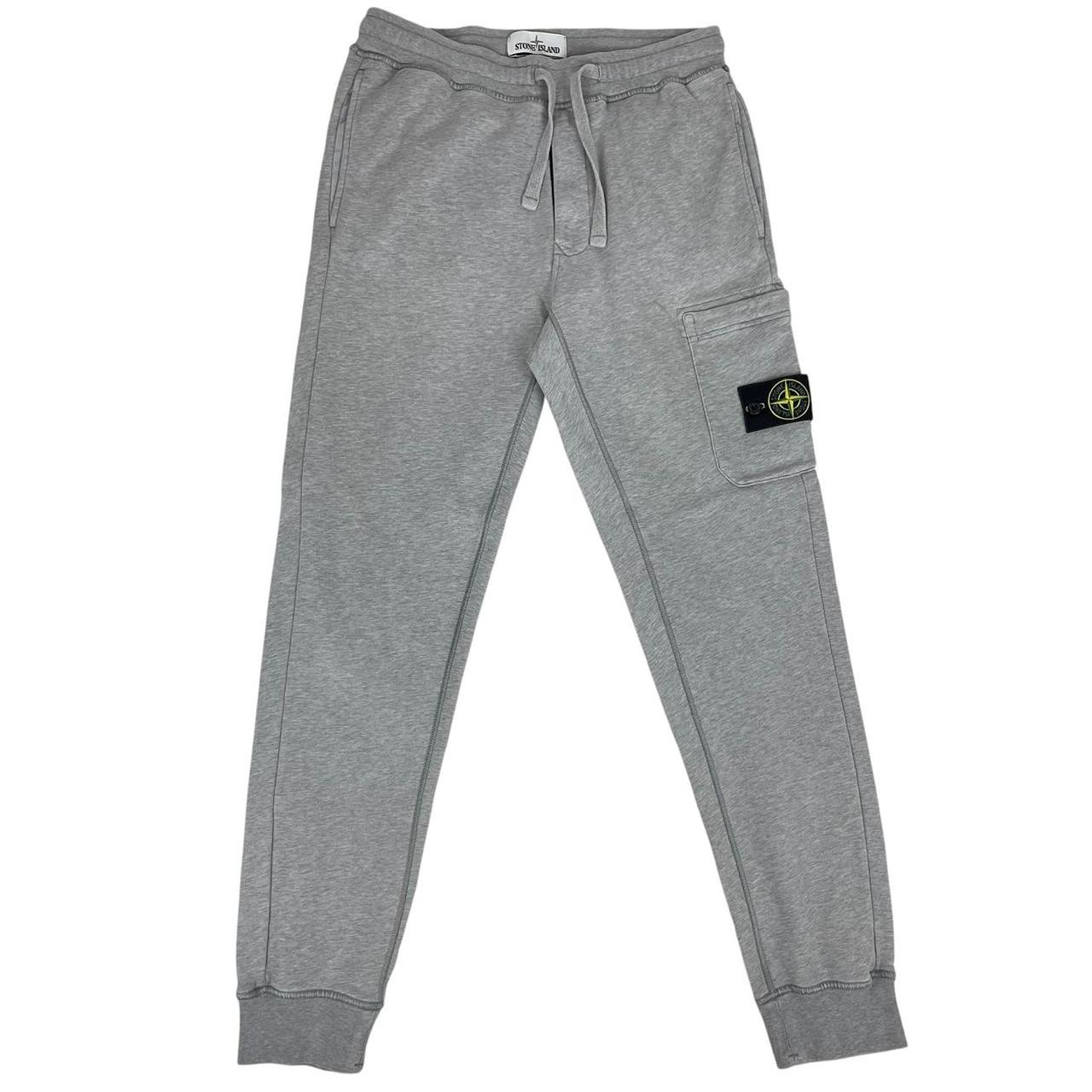 Stone Island grey joggers with logo patch and cotton material, size small.