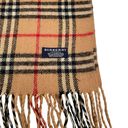 Burberry tan brown lambswool scarf with iconic Nova Check pattern.