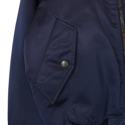 Balenciaga navy bomber jacket with full zip and campaign logo on chest.
