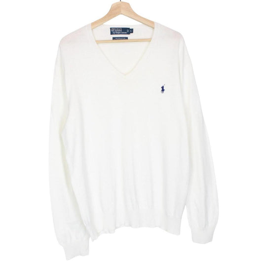 Polo Ralph Lauren white knit v-neck jumper with embroidered logo and pima cotton material.
