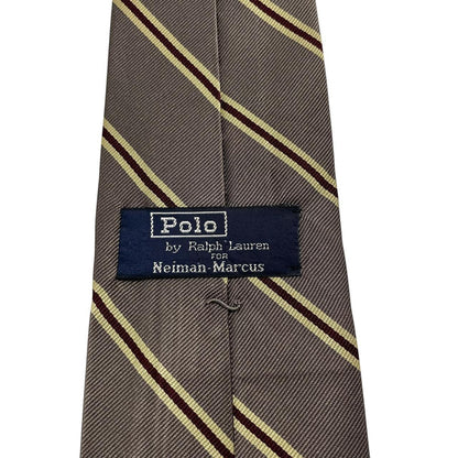 Polo Ralph Lauren grey silk tie with Neiman Marcus label and smooth texture.