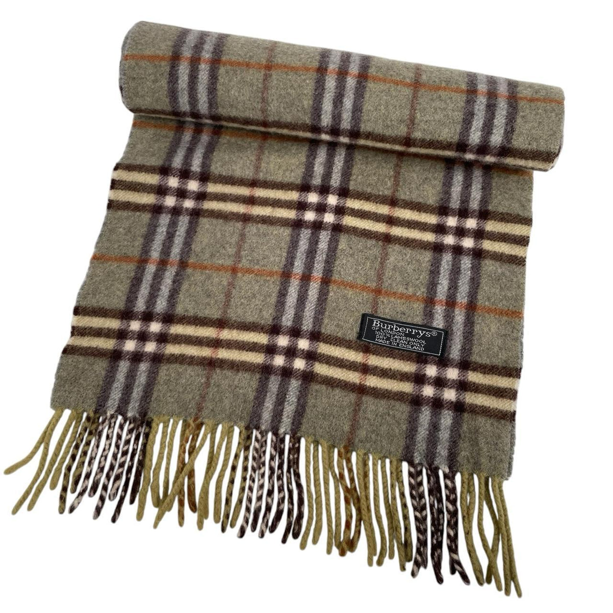 Burberry green lambswool scarf featuring iconic Nova Check pattern.
