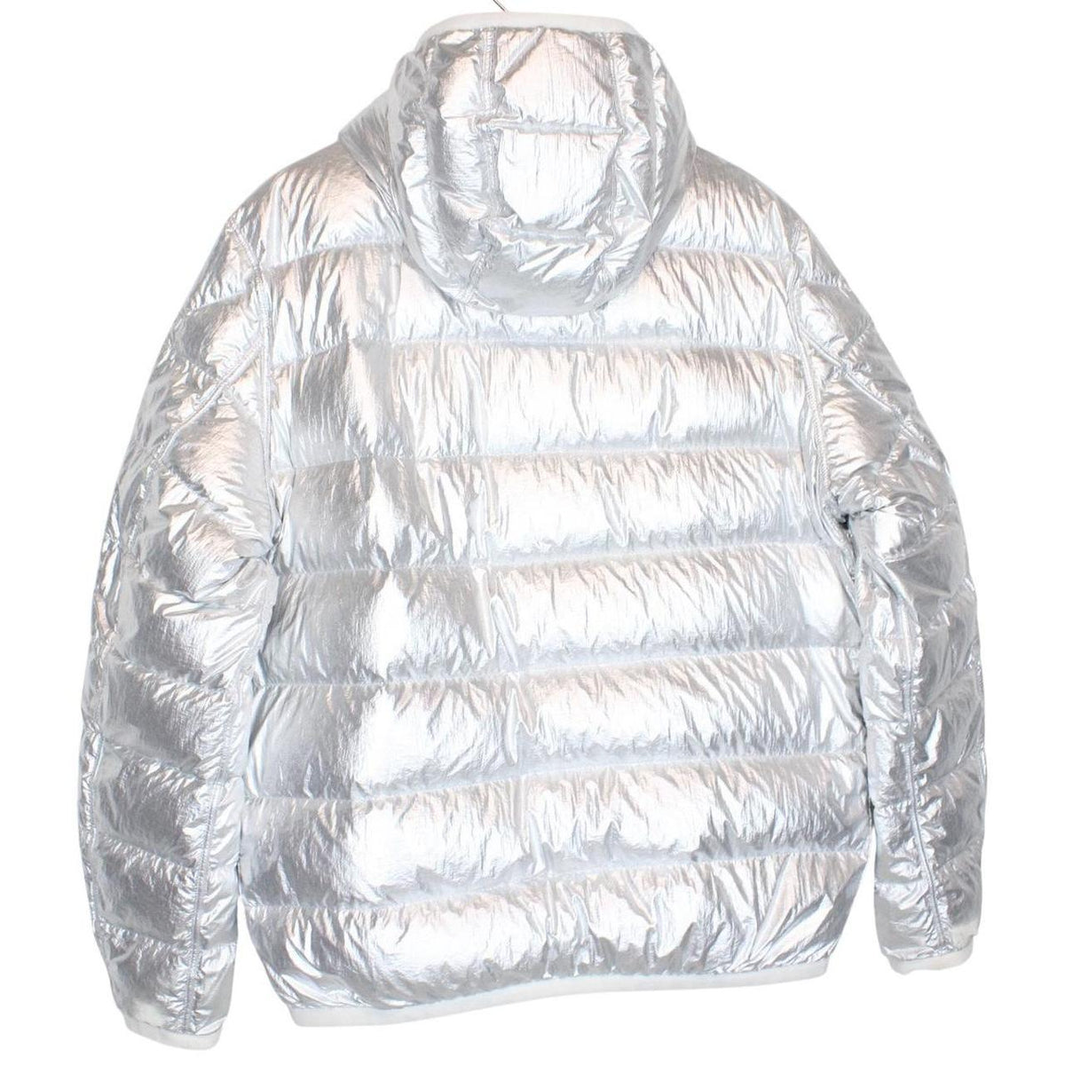 Moncler white and silver reversible down jacket with full zip and hood.