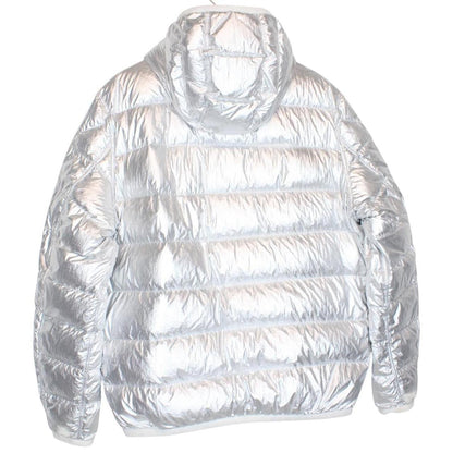 Moncler white and silver reversible down jacket with full zip and hood.