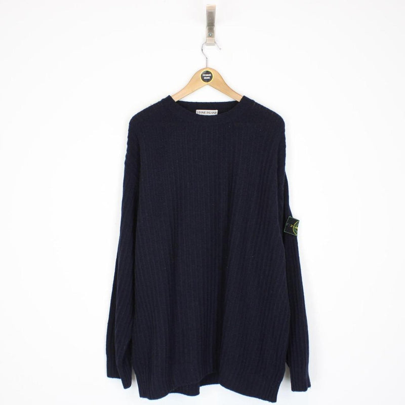 Vintage 1992 Stone Island Navy Blue Ribbed Green Edge Badge Wool Knit Jumper