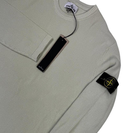 Stone Island beige waffle knit jumper with logo patch and organic cotton material.