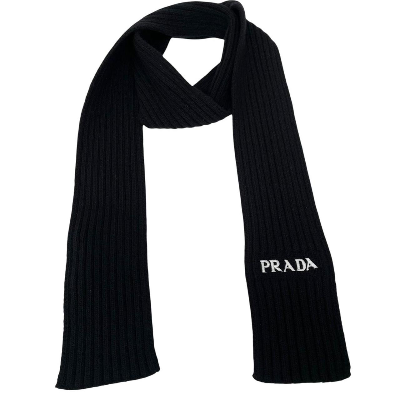 Prada Black and White Cashmere Wool Knit Logo Scarf