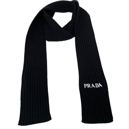 Prada Black and White Cashmere Wool Knit Logo Scarf