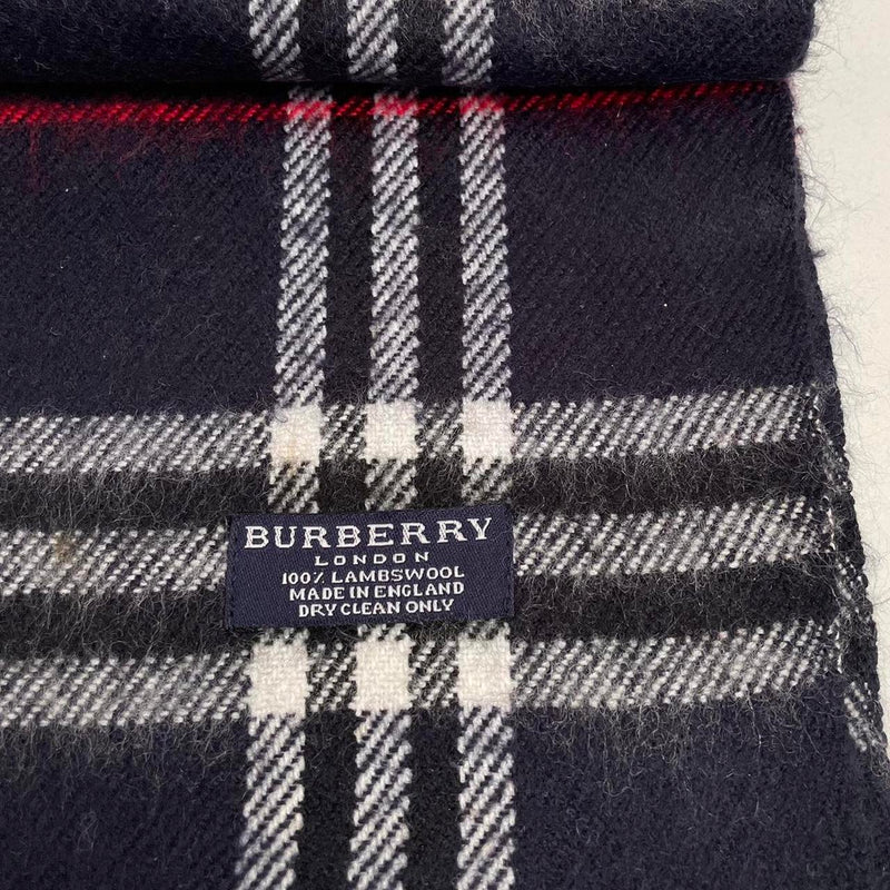 Vintage 90s Burberry Navy Blue Nova Check Lambswool Scarf