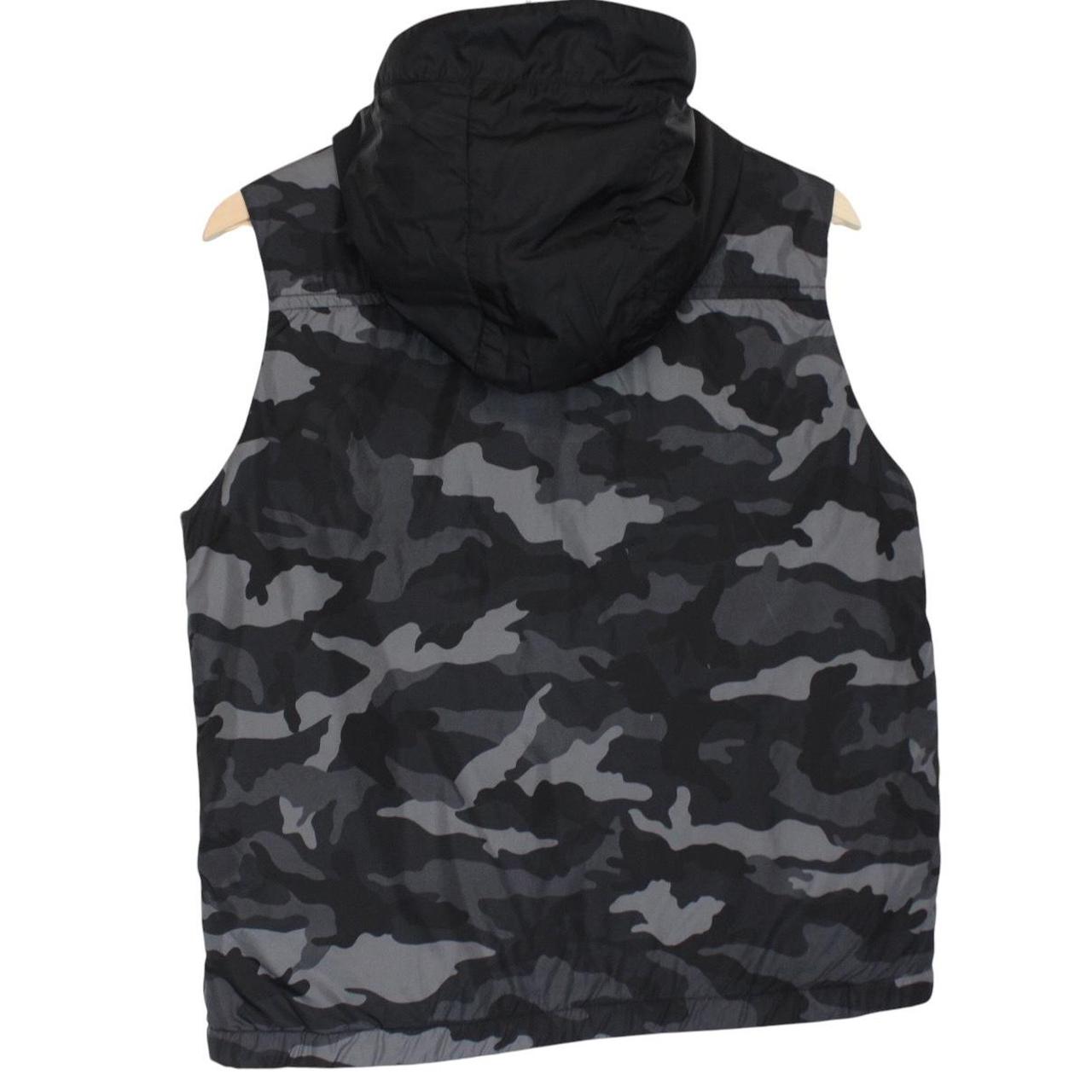Moncler black and grey full zip down hooded gilet with logo and quilted design.