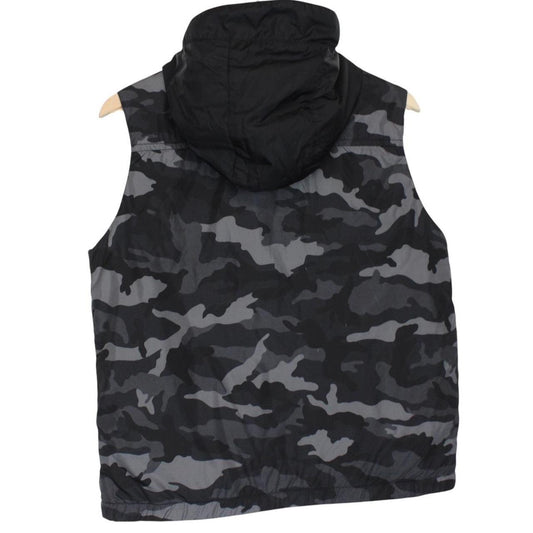 Moncler black and grey full zip down hooded gilet with logo and quilted design.