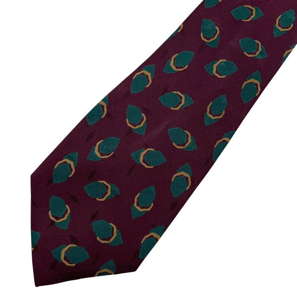Giorgio Armani burgundy silk tie with geometric print and logo detail.