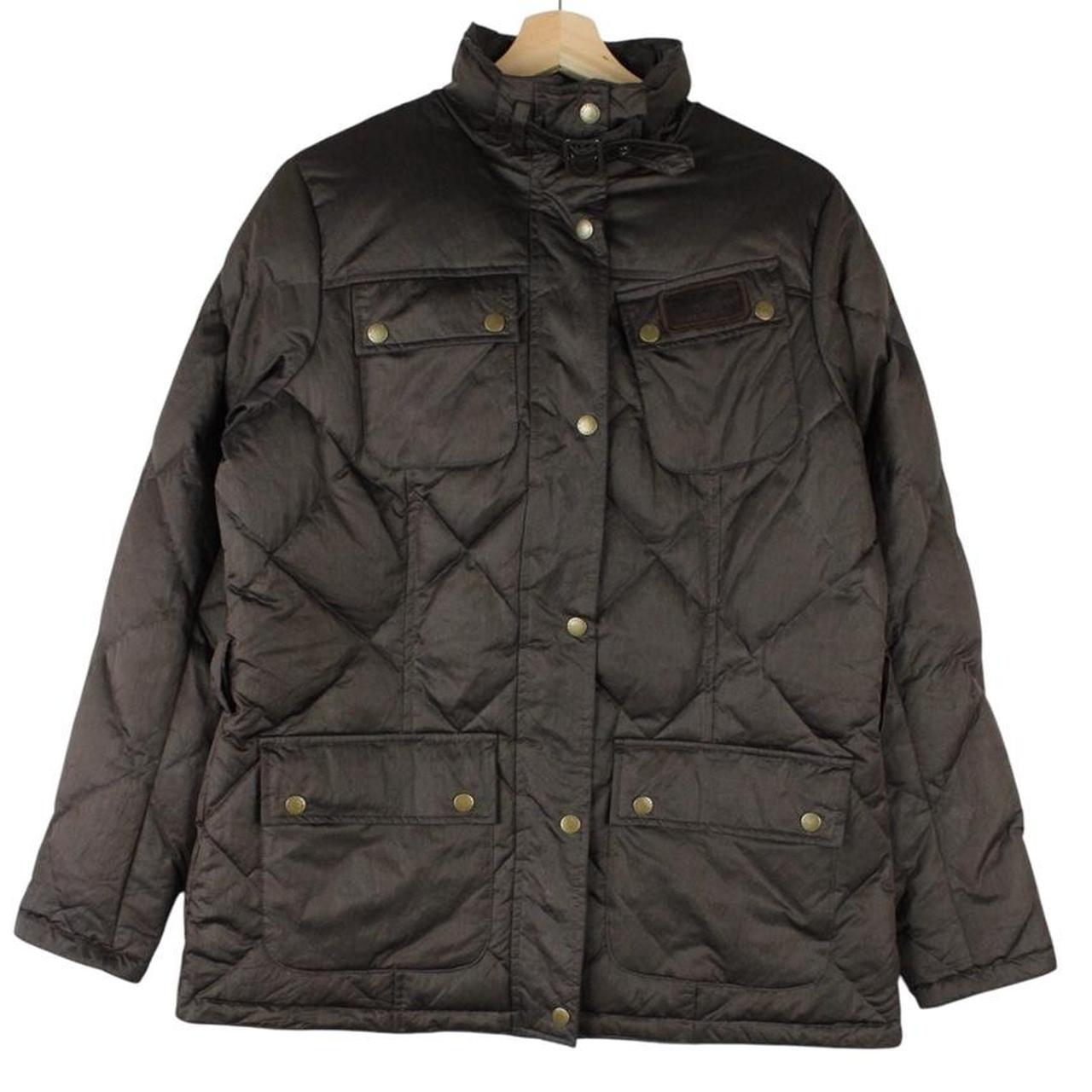 Barbour brown puffer jacket full zip with logo and quilted design.