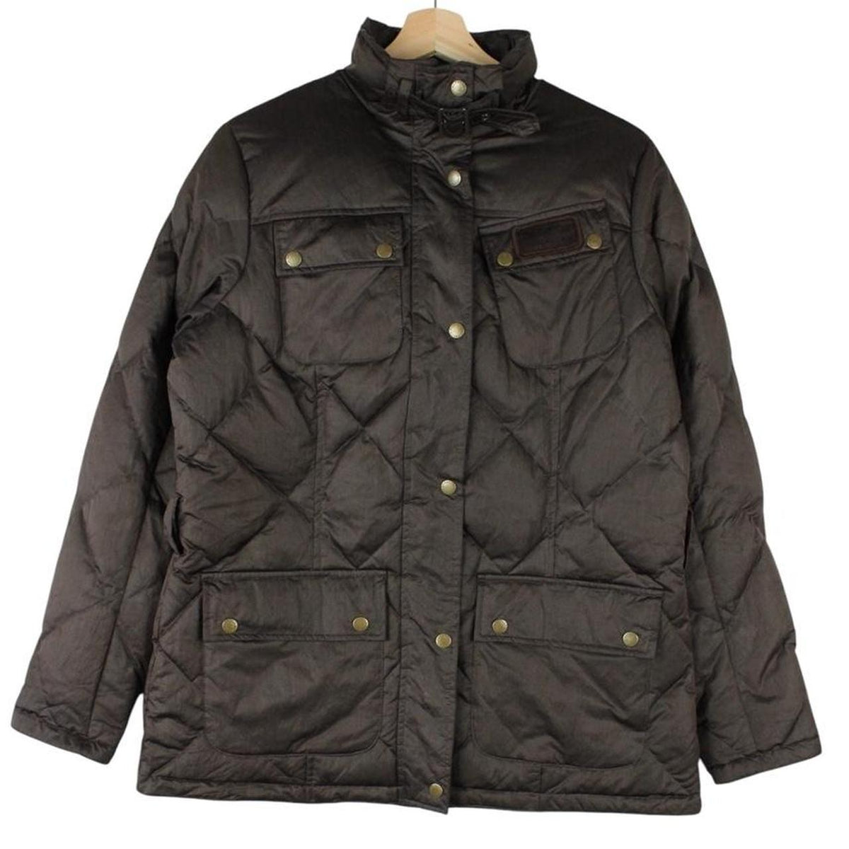 Barbour brown puffer jacket full zip with logo and quilted design.