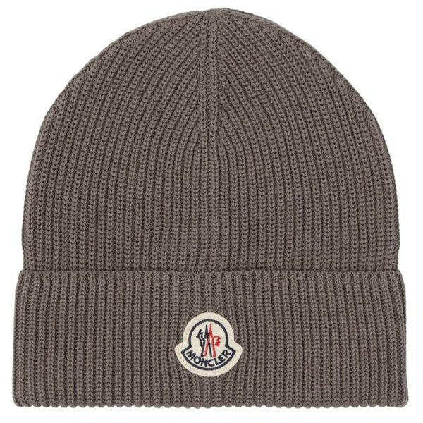Moncler grey ribbed cotton beanie hat with logo patch and brand tags.