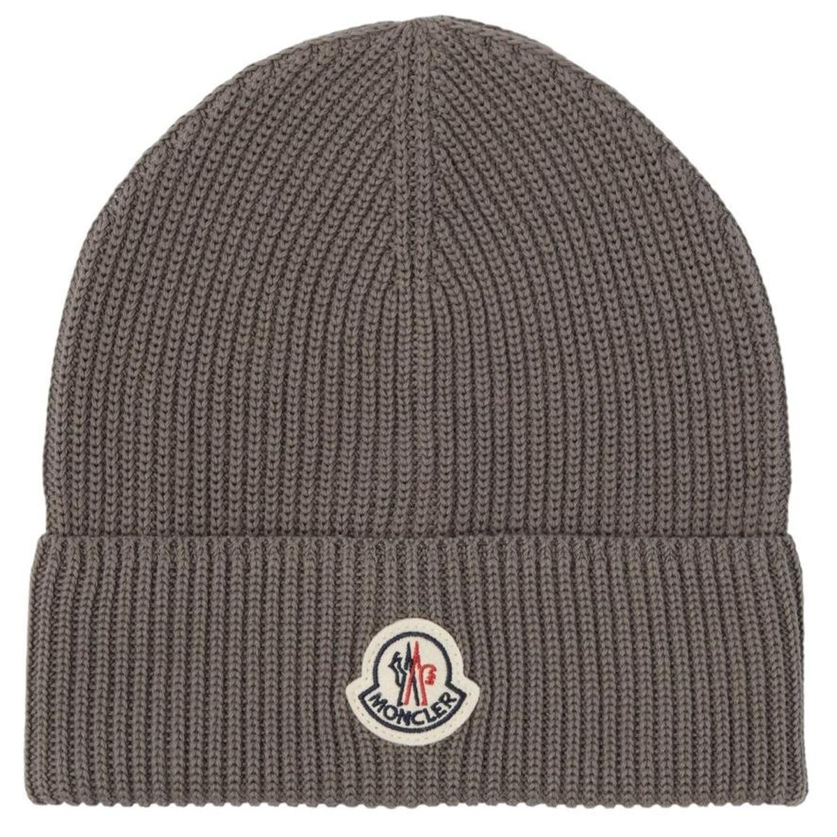 Moncler grey ribbed cotton beanie hat with logo patch and brand tags.