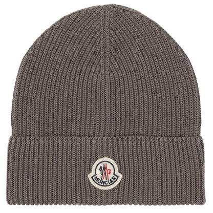 Moncler grey ribbed cotton beanie hat with logo patch and brand tags.